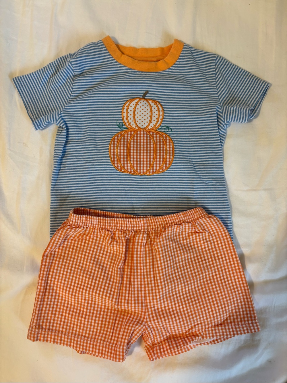 Kids Blue Stripe and Orange Pumpkin Appliqué Shorts Set Jellybean